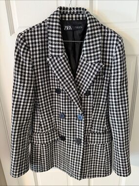 Zara Black White Checked Gingham
Asymmetric Double Breasted Blazer Size Large